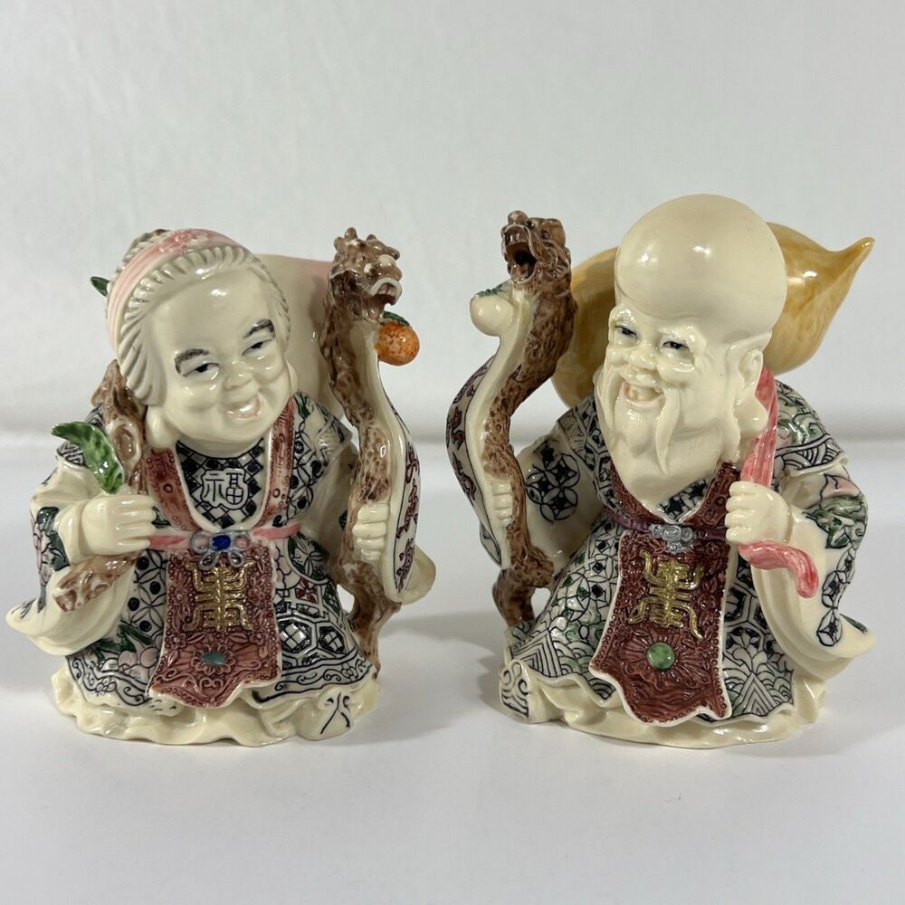 Vintage Asian Figurine Set - Man and Woman - Gourd and Peach
